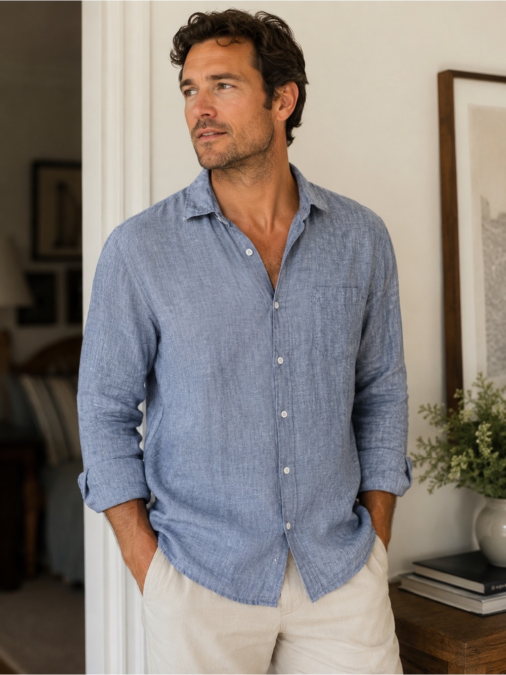 Rodd & Gunn Men's Heathered Light Blue Linen Button-Down Shirt